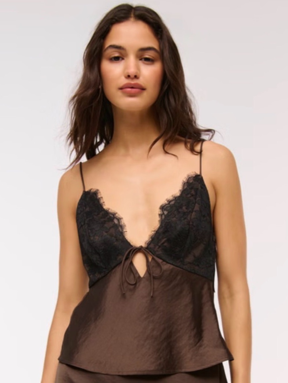Abercrombie Lace-Trim Satin Cami in Black and Brown